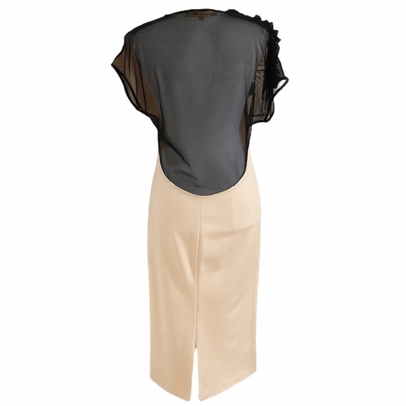 BABYLON COLLECTION CREAM BLACK CINCHED RUFFLE SHEER MESH MIDI FORMAL DRESS - L - Picture 3 of 10